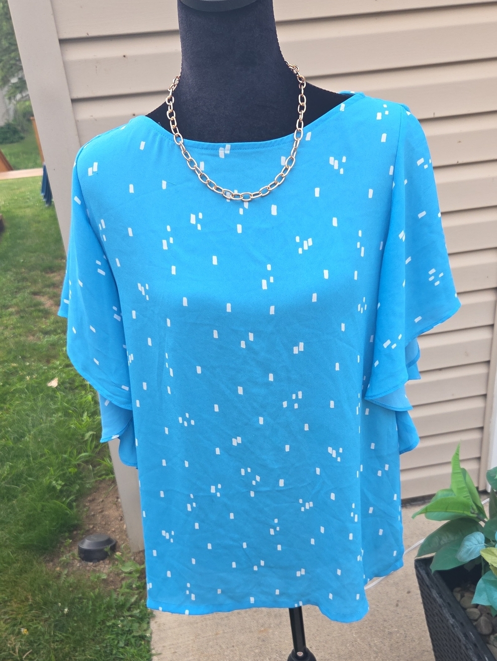LOFT Bright Blue Flutter Sleeve Top with White Dot Pattern